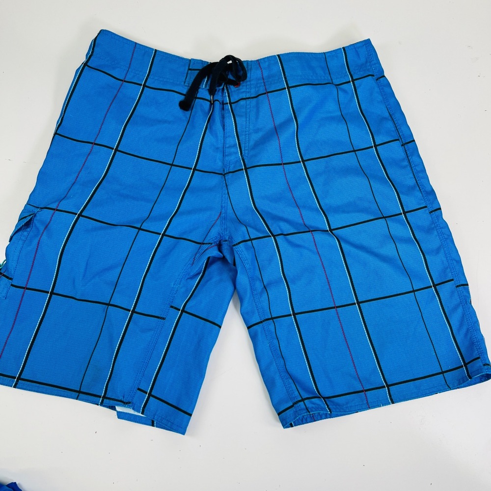 Burnside Mens Blue Plaid Board Shorts Size 38 Cargo Pocket Wax Comb Swim Trunks